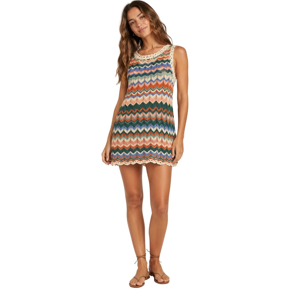Free People Crochet Mini Dress Boho Chevron Knit Sleeveless Festival Large